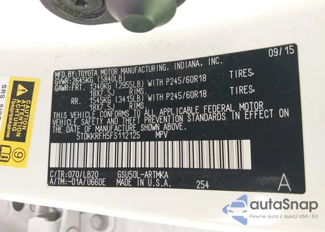 2015 Toyota Highlander Xle V6 from USA, damaged, VIN 5TDKKRFH5FS112125